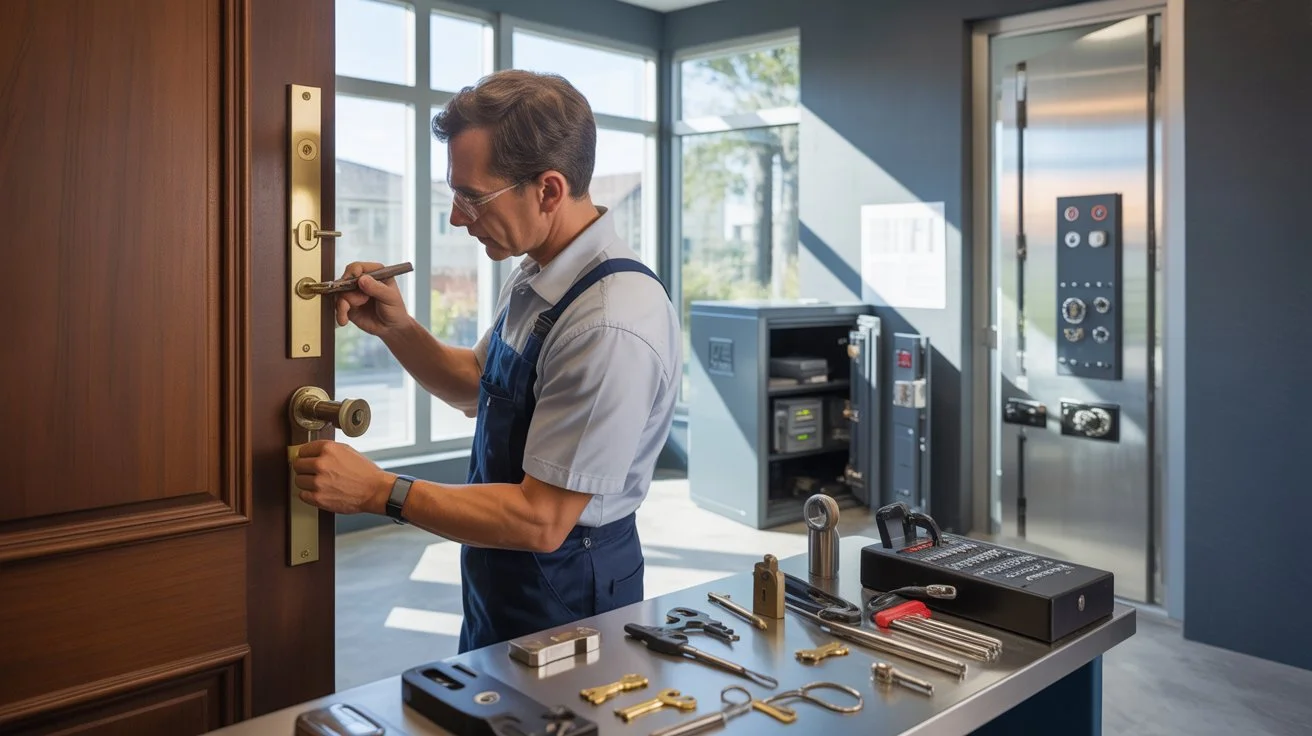 What Do Locksmiths Usually Do – professional locksmith installing a door lock and working with security safes and locking systems