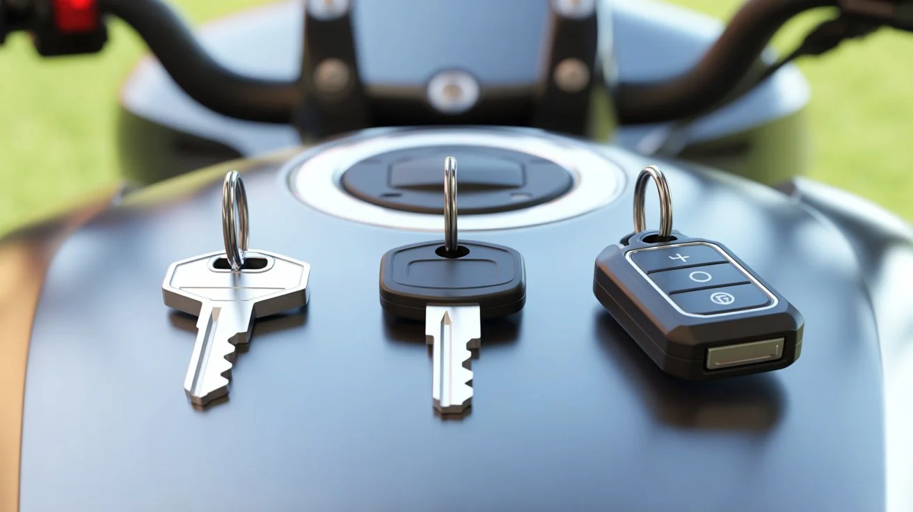 Types of motorcycle keys including traditional key transponder key and remote key fob