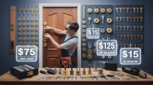 Locksmith unlocking a residential door with tools while service prices like house lockout, car key replacement, and key duplication are displayed.