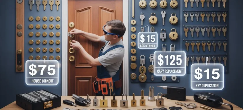 Locksmith unlocking a residential door with tools while service prices like house lockout, car key replacement, and key duplication are displayed.