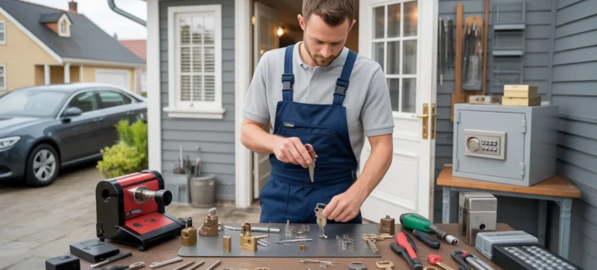 What Do Locksmiths Usually Do – locksmith cutting and organizing keys using professional key cutting machines and tools