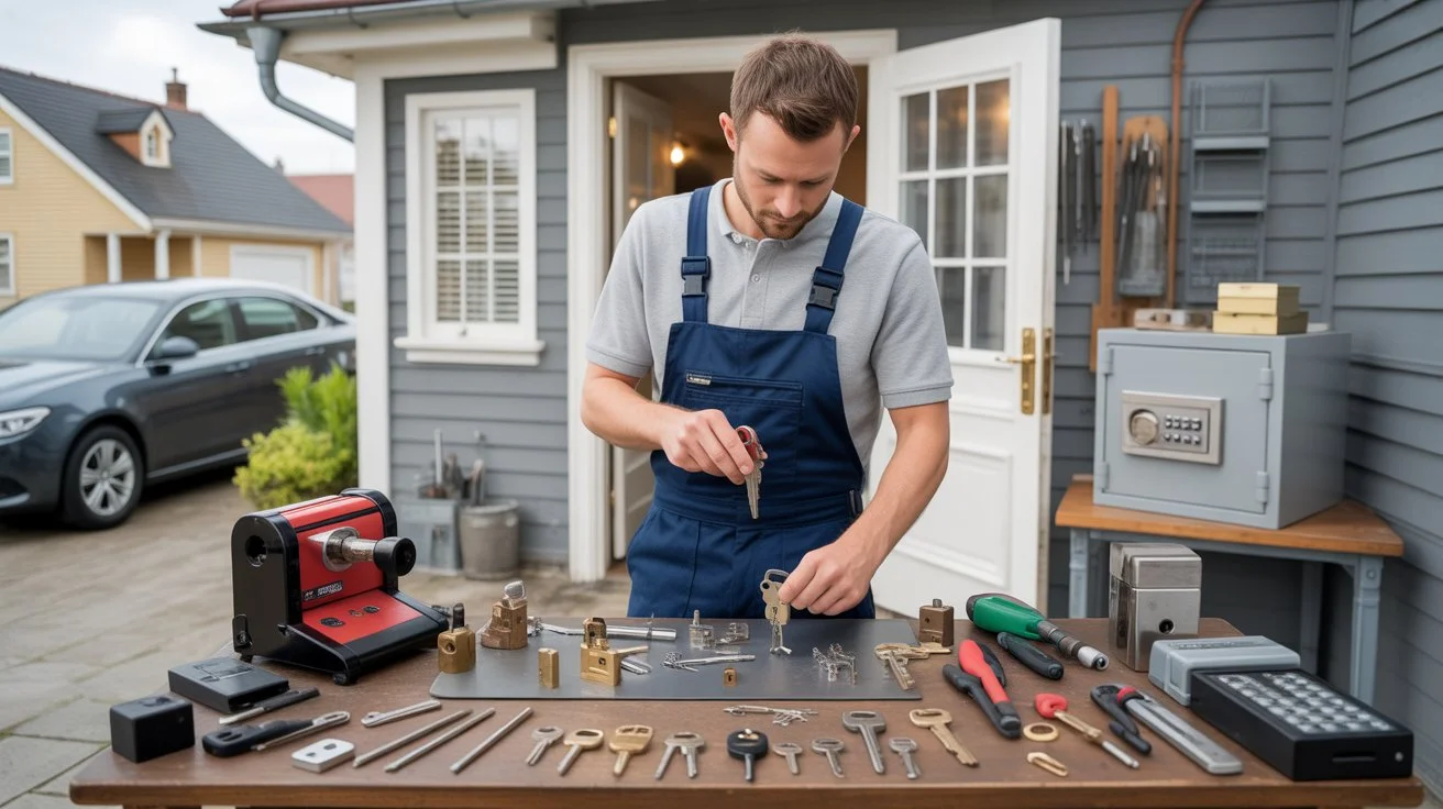 What Do Locksmiths Usually Do – locksmith cutting and organizing keys using professional key cutting machines and tools